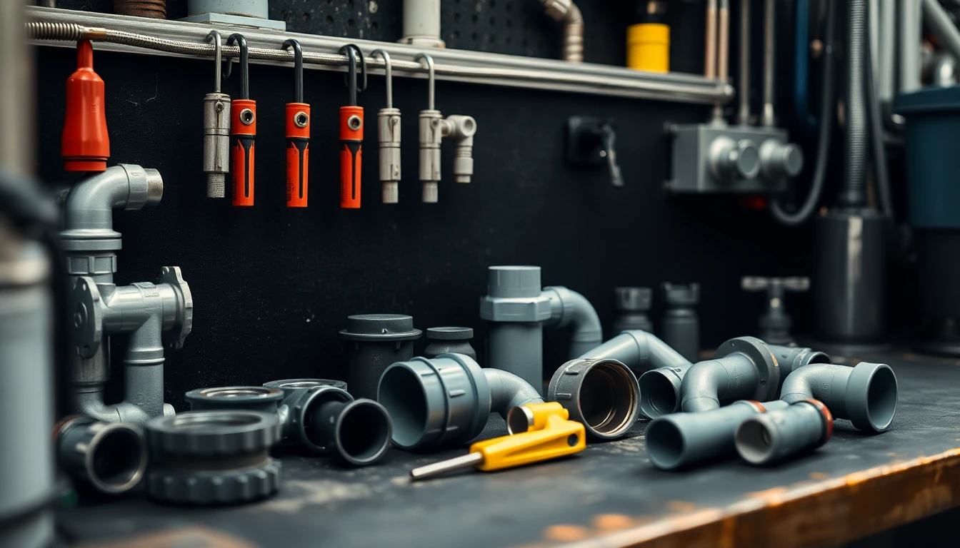 Drainage tools on a workshop bench