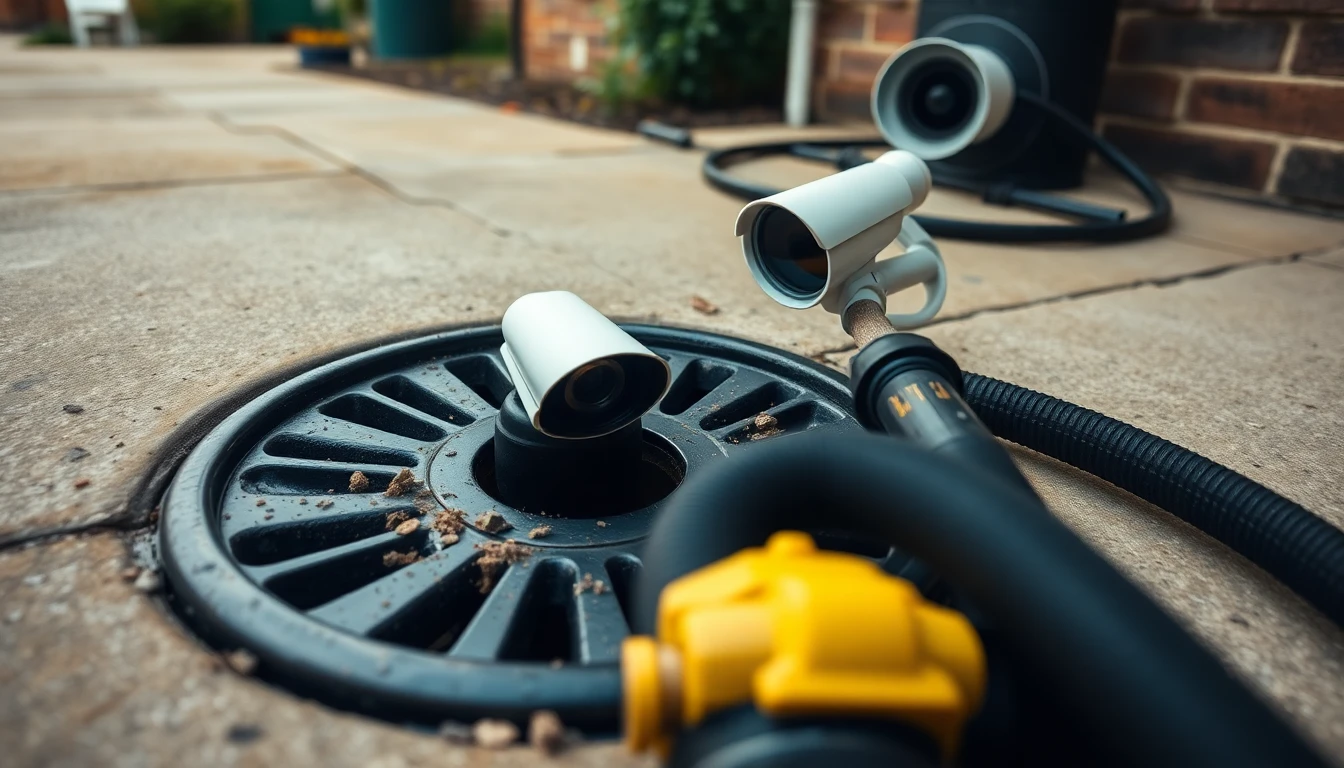 Flat-lay of drain rods, CCTV camera head, and jetting hose